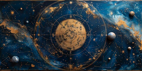 vintage cosmic map with golden constellations and planets on a blue background, evoking a sense of e