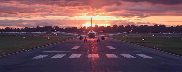 Wall Mural - airplane landing on a runway at sunset, capturing the vibrant skies and clear runway markings in a p