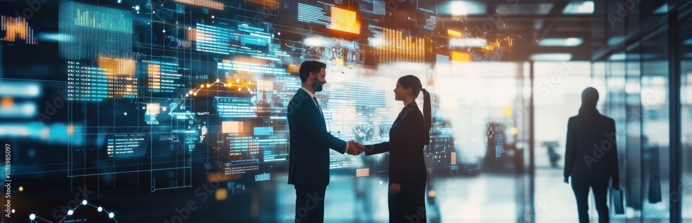 Business people shaking hands in an office with digital graphs and ...