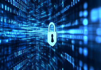 Blue digital background with a padlock symbol and binary code for a security concept vector illustration design, data protection design, 