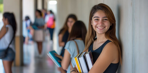 Smiling teenage girl standing leaning against a wall at a school, college or university. Multiple young people in blurry background