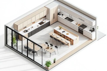 Wall Mural - Open-concept kitchen Isometric 3D Render featuring a large island, dining area, and seamless flow into the living space, shown in a floor plan on white.