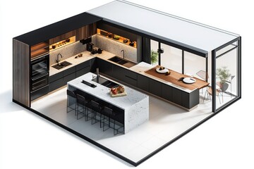 Wall Mural - Open-concept kitchen isometric 3D render with a large island, dining area, and seamless flow into the living space, floor plan on white.