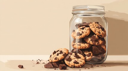 Vector illustration of a glass jar filled with chocolate digestives and cookies. --