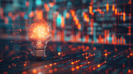 Strategy business planning ideas for competition and business growth. futuristic graphic icon of glowing light bulb with trading graph chart background.  