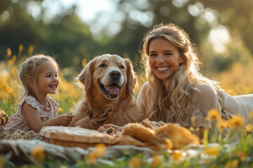 Wall Mural - A family enjoying a picnic in the park with their dog, symbolizing togetherness and joy. Concept of family.