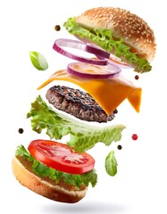 Isolated on white background, full depth of field, delicious fast food featuring a hamburger and cheeseburger, fresh toppings such as lettuce, tomato, cheese,  juicy patties, perfect for advertisement