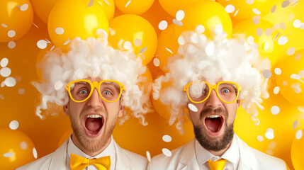 Two men and two women embrace the spirit of creativity as they don bright outfits and oversized glasses, joyfully celebrating amidst a backdrop of yellow balloons and confetti