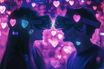 Man and a woman are wearing vr headsets and experiencing a romantic virtual reality date, surrounded by digital hearts