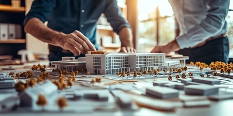 team of real estate developers architects and businessmen working in an office with a scale model on the table as they plan and design a new project for business buildings and urban development