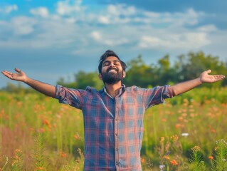 A man is smiling and holding his arms out in the sun, generative ai image