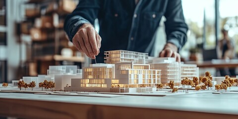 team of real estate developers architects and businessmen working in an office with a scale model on the table as they plan and design a new project for business buildings and urban development