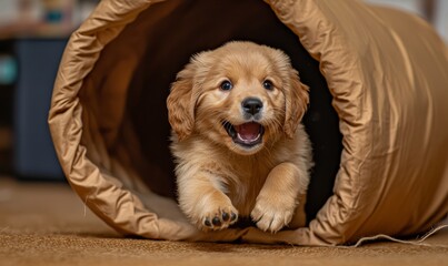 When a puppy emerges from a cozy blanket in a sunlit living room filled with warmth and comfort, he is filled with joy and excitement