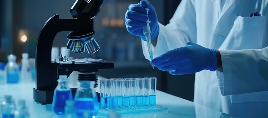 a male scientist in white lab coat and blue gloves is using an eyedropper to put liquid into test tu