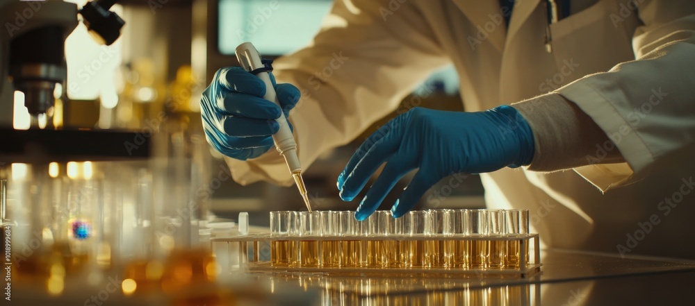A scientist in white lab coat and blue gloves using an precision ...