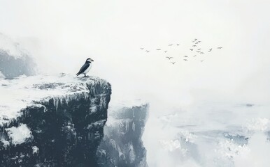 A solitary puffin perches upon a jagged rock against crashing waves and a flock of birds in a serene coastal landscape at dawn