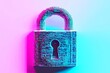 © VIK - A lock symbol overlaid with blue and pink code on a white background. Concept of cybersecurity and data protection.