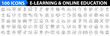 © vectorsanta - E-learning 100 icon set. Online Education icon collection. Distance learning. Video tuition, online course, audio course, digital education, educational website and more. Vector illustration