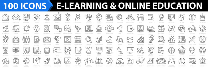 E-learning 100 icon set. Online Education icon collection. Distance learning. Video tuition, online course, audio course, digital education, educational website and more. Vector illustration