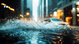 View from below of the flooded city road after the rain. Hurricane aftermath. Evening light, cinematic scene.