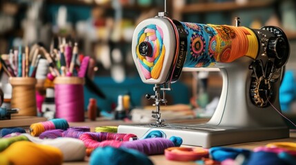Wall Mural - colorful spools of thread surround a vintage sewing machine on a wooden table.