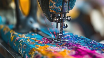 Wall Mural - close up of a sewing machine needle working on colorful fabric.