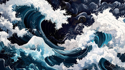 Wall Mural - Great wave, turbulent ocean, japanese woodblock print style, rich blue and white, dynamic scene, topdown view. Woodblock Print. Illustration