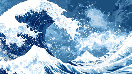 Wall Mural - Great wave, turbulent ocean, japanese woodblock print style, rich blue and white, dynamic scene, topdown view. Woodblock Print. Illustration