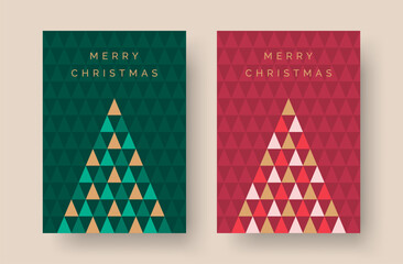 Wall Mural - Set of Christmas Card Designs with Geometric Christmas Tree Illustration. Modern Luxury Christmas Cards with Merry Christmas Text. Vector Design template.