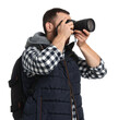 © New Africa - Photographer with backpack and camera taking picture on white background