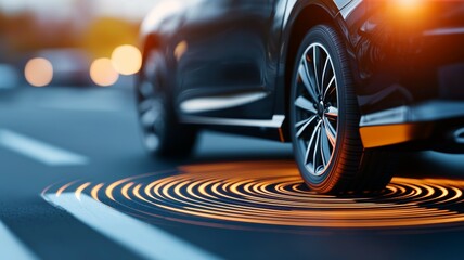 Sticker - A black car driving along a city street at dusk, leaving a circular trail of light on the asphalt surface