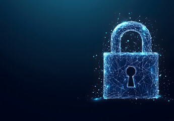 Creative digital polygonal closed padlock hologram on blue background design with mock-up place. Safety, protection, and security concept design. 3D Rendering design