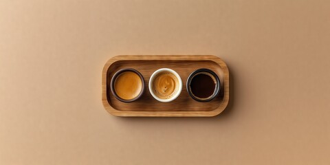 top shot of different espressos in a wood tray, pastel brown flat background, minimal photo studio style