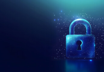Creative digital polygonal closed padlock hologram on blue background design with mock-up place. Safety, protection, and security concept design. 3D Rendering design