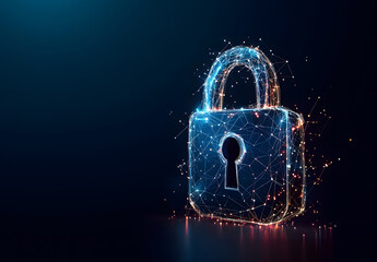 Creative digital polygonal closed padlock hologram on blue background design with mock-up place. Safety, protection, and security concept design. 3D Rendering design