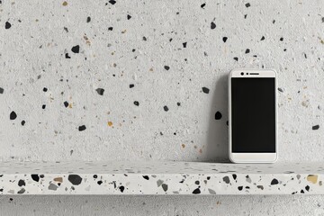 3D rendering of a modern smartphone on terrazzo stone platform with a blank screen.