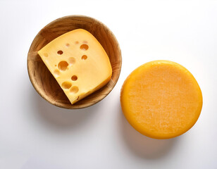 Two delicious pieces of cheese, isolated on a clean white background