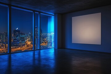 Nighttime rendering of an empty modern office interior with a large canvas display and panoramic city views.