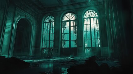 Sticker - Dark abandoned mansion with eerie glowing windows and shadows moving behind broken glass