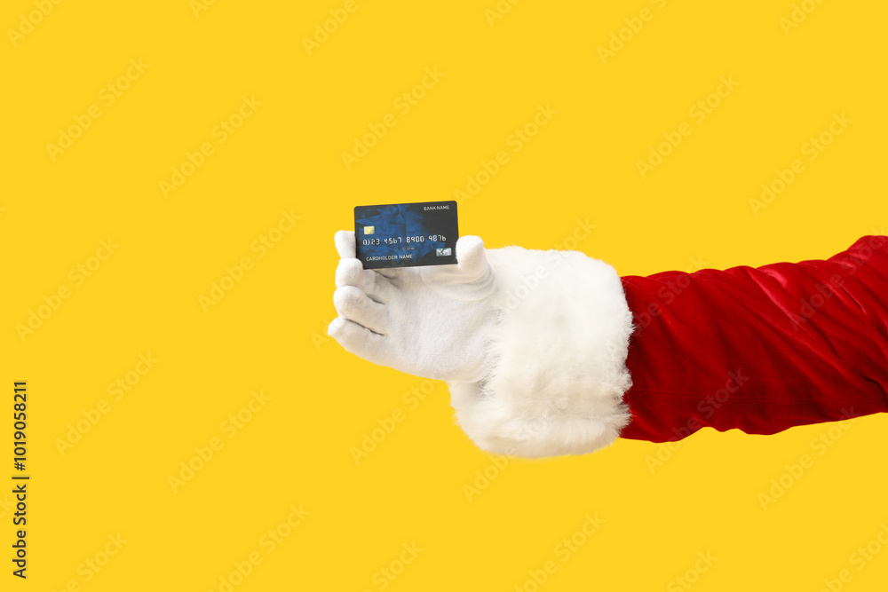 Santa Claus with credit card on yellow background