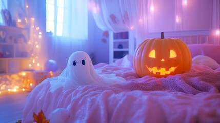 A whimsical pastel-colored room with a plush pumpkin and a friendly ghost sitting on a cozy bedspread.