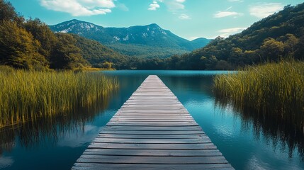 Wall Mural - A wooden bridge spans a body of water with a view of mountains in the background