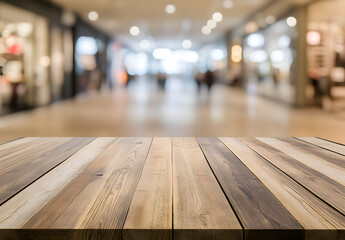 Empty wooden table with a blurred background design