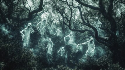 Wall Mural - Haunted forest with ghostly apparitions drifting through the trees and skeletal remains hanging from twisted branches