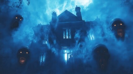 Sticker - Screaming faces emerging from a thick fog surrounding a haunted house with broken windows and eerie glowing lights