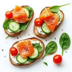 Wall Mural - Healthy open-face sandwiches topped with fresh salmon, cucumber slices, cherry tomatoes, and spinach. This vibrant dish emphasizes freshness and nutrition for a lighter meal. AI