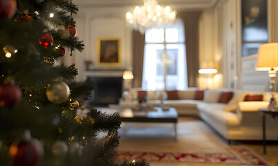 Wall Mural - Luxury living room interior with decorated Christmas tree and warm blurry garland lights. New Year and Merry Christmas concept of house decoration. Wide angle decorated premium apartment.
