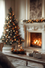 Wall Mural - Luxury living room interior with decorated Christmas tree and warm blurry garland lights. New Year and Merry Christmas concept of house decoration.