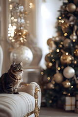 Wall Mural - Premium apartment interior with decorated Christmas tree and cat sitting on the sofa. New Year and Merry Christmas concept.
