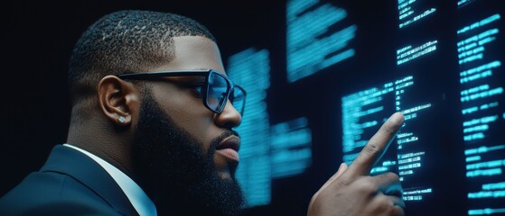 Focused man in a suit analyzing data on a digital screen with blue code.
